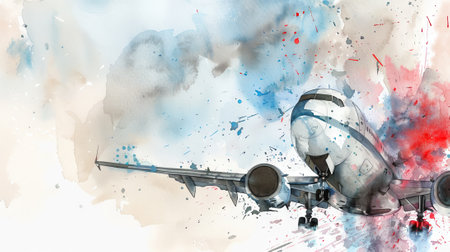 Plane in fire. Dramatic airplane explosion in flight with blue sky, fiery impact, and abstract watercolor background. Accident, emergency, disaster, catastrophe concept.の写真素材