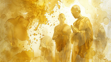 Asian monks wearing robes in prayer. Spiritual meditation. Concept of Buddhism, religious devotion,...