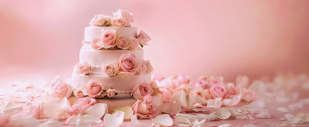 Elegant three-tier pink wedding cake adorned with roses. Ideal for wedding invitations, baking promotions, and romantic event advertising. Copy space.の写真素材