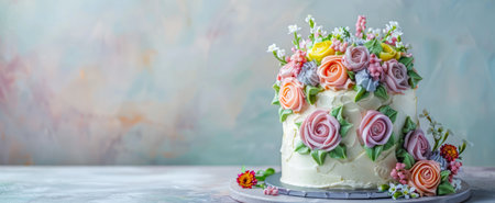 Beautiful floral cake with pastel roses and delicate decorations. Perfect for celebrations,...