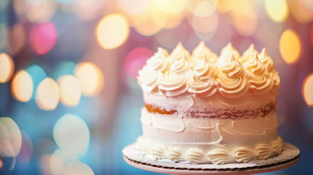 Elegant white-frosted cake with bokeh lights in the background. Ideal for birthday celebrations, dessert promotions, and festive occasions. Copy space.の写真素材