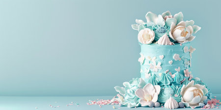 Elegant blue floral cake on a pastel background. Perfect for weddings, birthdays, and celebrations....