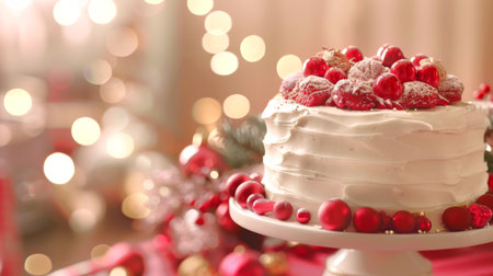 White frosted cake with red berries and decorations. Festive cake with white icing and red...