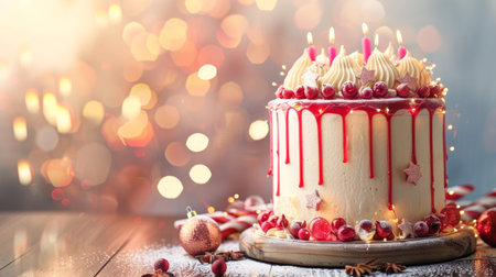 Festive cake with candles and decorations in bokeh background. Celebratory dessert with candles and...