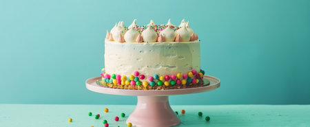 Decorative birthday cake with colorful sprinkles on a stand. Celebratory dessert with vibrant toppings on a pedestal. Concept of birthday, celebration, dessert, festive treat.の写真素材