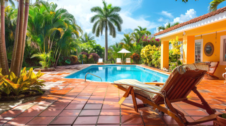 Vibrant poolside area with palm trees and colorful plants. Sunny pool surrounded by tropical greenery and lounge chairs. Concept of tropical paradise, relaxation, vacation, outdoor leisure.の写真素材