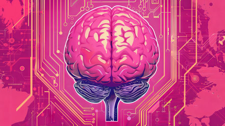 Detailed illustration of a human brain with colorful circuits and splashes. Perfect for concepts of...