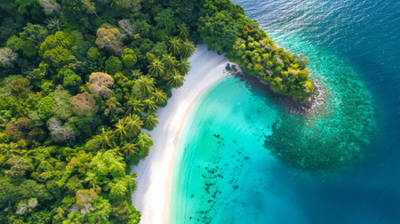 Aerial view of a tropical beach and clear turquoise water. Ideal for travel posters, vacation brochures, and nature blogs. Copy space.の写真素材