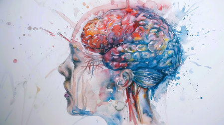 Watercolor illustration of a human brain in profile. Ideal for medical, educational, and artistic...