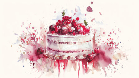 Watercolor illustration of a festive cake with berries and holly. Artistic depiction of a holiday dessert. Concept of festive food, celebration, holiday baking, birthday cake, and Christmas treat.の写真素材
