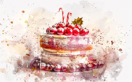 Watercolor illustration of a festive cake with berries and holly. Artistic depiction of a holiday dessert. Concept of festive food, celebration, holiday baking, birthday cake, and Christmas treat.の写真素材
