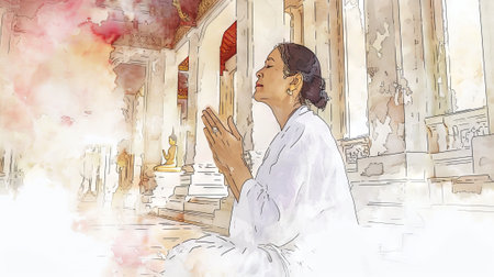 Woman praying in a serene temple surrounded by intricate architecture. Ideal for spirituality, meditation, peace, and religious themes. Thai lady in temple.の写真素材