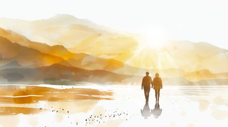 Elderly couple walking hand in hand on a beach. Senior duo strolling on a seaside. Concept of love, companionship, golden years, tranquility, togetherness, leisure. Watercolor art. Copy space.の写真素材