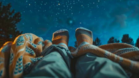 Feet in wool socks under a blanket with a starry sky background. Person stargazing in the evening. Concept of relaxation, night sky, cozy mood, outdoor activity.の写真素材