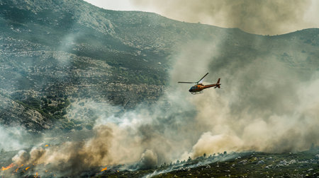 Helicopter flying over smoky forest with fires below. Aircraft hovers above burning forest area. Concept of wildfire, aerial firefighting, disaster response, environmental crisis.の写真素材