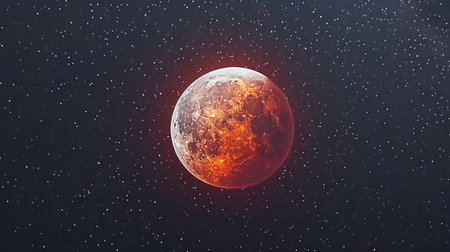 Total lunar eclipse showing the moon in deep red color, framed against star-filled sky, emphasizing...