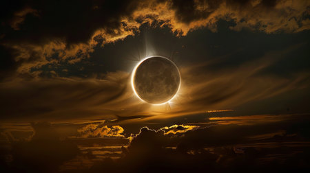 Solar eclipse with a glowing corona surrounded by dramatic clouds. Eclipse casting shadows in a dark...