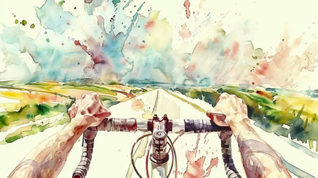 Cycling through nature with watercolor splashes. Hands on bicycle handlebars riding down a country road. Concept of biking, exploration, scenic route, and watercolor art.の写真素材