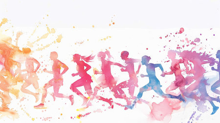Watercolor illustration of a group of runners. People jogging. Athletes running a marathon. Concept...