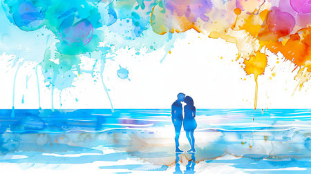Silhouette of a couple kissing in watercolor art. Lovers in blue against a vibrant splash of colors. Concept of romance, abstract design, togetherness, leisure, date, relationship, holiday.の写真素材
