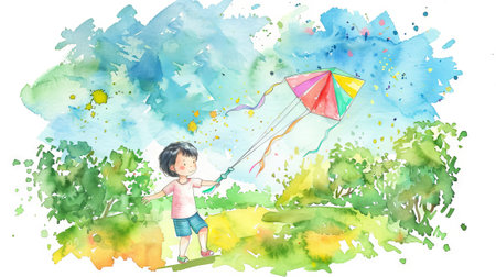 Little boy with colorful kite in a sunny sky. Child enjoying a bright day with a multi-colored kite in the park. Concept of joy, childhood, outdoor fun, playtime, summer, childhood. Watercolor.の写真素材