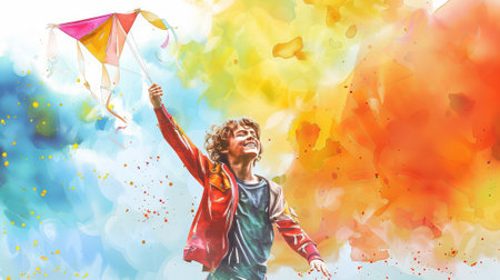 Boy flying a colorful kite against colorful sky. Kid holding a vibrant kite. Concept of childhood, outdoor activity, playtime, and adventure. Watercolor art. Copy space.の写真素材