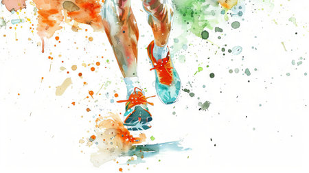 Jogging man. Runner's legs in motion during marathon. Athlete's feet running in race. Concept of fitness, endurance, outdoor exercise, performance, morning run, activity, sport, sprinting. Watercolor.の写真素材