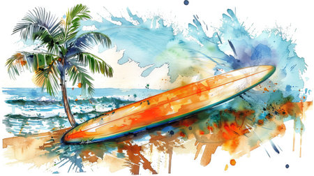 Tropical beach scene with surfboard and palm tree in aquarelle. Concept of surfing, summer,...