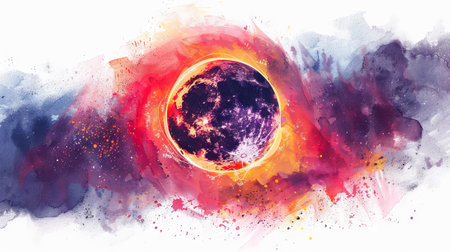 Solar eclipse over vibrant sky with glowing corona. Moon blocks the sun casting a dramatic silhouette. Concept of astronomy, celestial event, natural phenomenon, cosmic wonder, Watercolor art.の写真素材