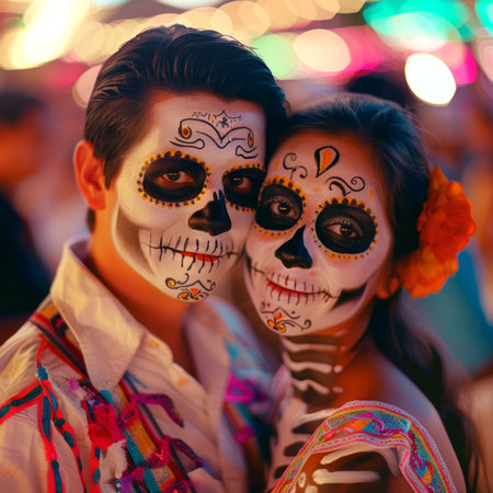 Couple in Halloween costumes with skull face paint at festival. Man and woman celebration outdoors. Concept of spooky festivity, Halloween party, festive makeup, Day of the Dead, Dia de los Muertos.の写真素材