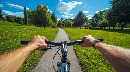 A person rides a bike on a sunny park path. Cyclist on a bright trail. Concept of biking, outdoor activity, nature, adventure, healthy lifestyle, cycling, travel, sport, training.の写真素材