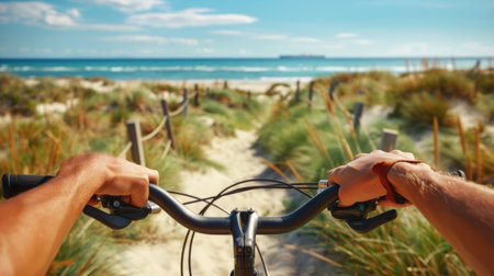 Cyclist rides a bicycle. Hands holding bike handles with a scenic beach view. Concept of cycling, biking, adventure, travel, sport, activity, training, and coastal exploration.の写真素材