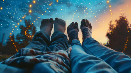 Two people lying on grass watching the starry sky. A pair stargazing with string lights in the evening. Feet in cozy socks. Concept of romance, relaxation, outdoor leisure, night sky.の写真素材