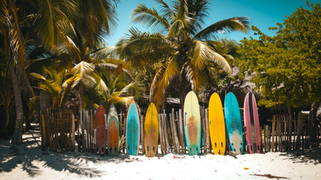 Surfboards used as fence boards on a tropical beach by palm trees. Concept of creative design, beach...