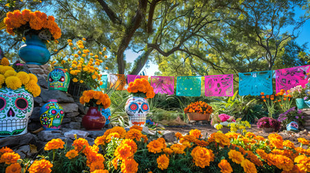 Vibrant Dia de los Muertos altar with colorful marigolds. Day of the Dead celebration scene. Concept...