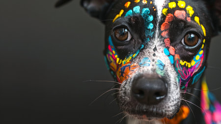 Colorful dog with face paint in decorative patterns. Painted puppy in bright colored designs....