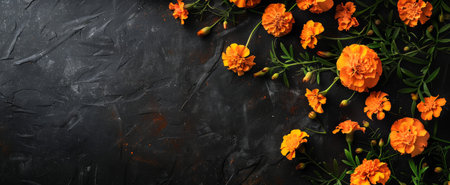 Marigold flowers on dark textured background. Copy space. Concept of floral arrangement, nature beauty, botanical design. Day of the Dead, Dia de los Muertos celebration. Greeting card.の写真素材
