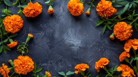Marigold flowers on dark textured background. Copy space. Concept of floral arrangement, nature beauty, botanical design. Day of the Dead, Dia de los Muertos celebration. Greeting card.