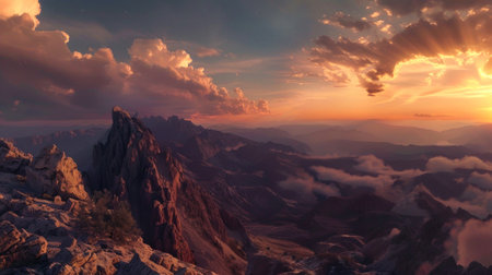 Majestic mountain range at sunset with dramatic clouds. Spectacular mountainscape with striking cloud formations at dusk. Concept of nature's beauty, outdoor adventure, serene landscapes.の写真素材