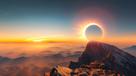 Solar eclipse over mountain landscape at sunrise. Solar phenomenon over mountainous terrain at dawn....