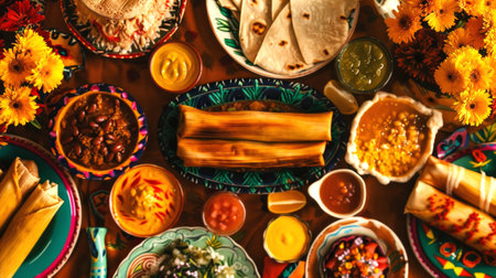 Mexican traditional food on the table. Authentic Mexican cuisine with bright dishes. Concept of cultural celebration, culinary, festive meal, feast, Day of the Dead, Dia de los Muertos celebration.の写真素材