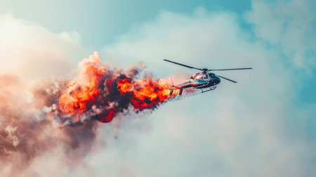 Helicopter in smoky sky during dramatic rescue mission. Airborne chopper in a cloud of smoke. Concept of emergency response, aerial rescue, and aviation.の写真素材