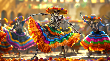 Skeletons in colorful traditional dresses celebrate Day of the Dead. Festive skeletons dance in vibrant costumes. Concept of Dia de los Muertos, cultural celebration, tradition, Mexican festival.の写真素材