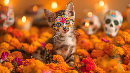 Bengal kitten with Day of the Dead face paint among marigold flowers. Small cat with Dia de los...