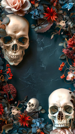 Skull and floral arrangement for Halloween decor. Skeleton heads surrounded by flowers. Concept of spooky celebration, autumn decoration, gothic art, design, Day of the Dead. Copy space. Vertical.の写真素材