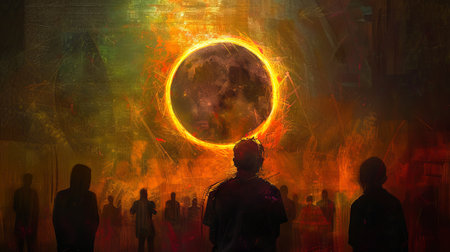 Silhouetted figures under a solar eclipse in a vibrant sky. Shadowed individuals beneath a sun and...