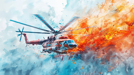 Helicopter on fire. Burning chopper with aquarelle splashes. Concept of aviation, danger, emergency, dramatic scene, catastrophe, explosion, incident Watercolor illustrationの写真素材