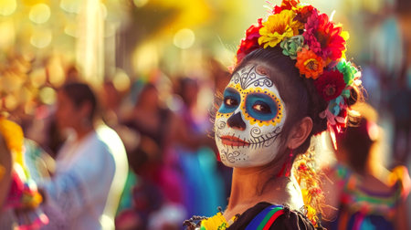 Woman with Day of the Dead face paint and flower crown. Female with traditional Dia de los Muertos makeup. Concept of celebration, Mexican culture, colorful festival, Halloween. Copy space.のeditorial素材