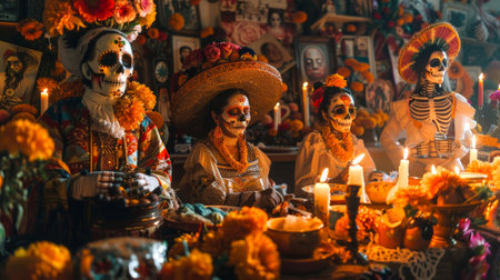 Mexican family celebrating Dia de los Muertos with colorful costumes. Vibrant family honoring Day of the Dead with traditional outfits. Concept of cultural traditions, celebration, family.の写真素材