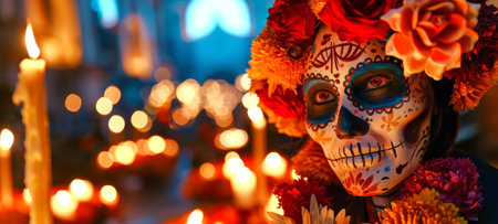 Mexican woman with Day of the Dead face paint surrounded by candles. Latina lady dressed for Dia de...